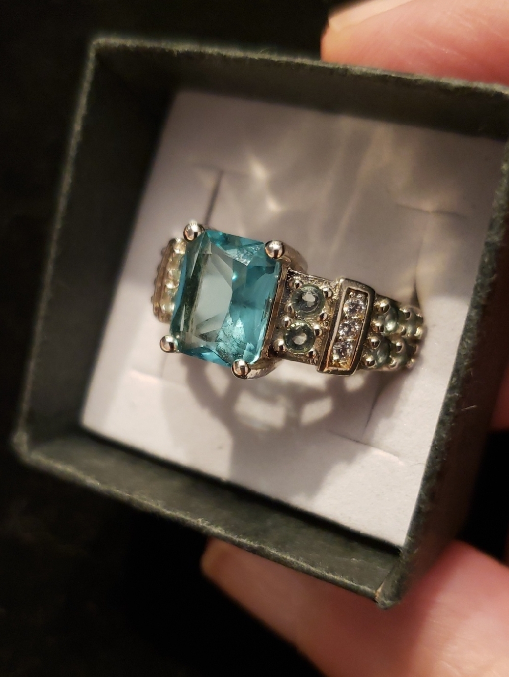 NEW Sterling Stamped S925 emerald-cut Aquamarine, Size 10 Flanked W/smaller Aqua - Picture 6 of 8